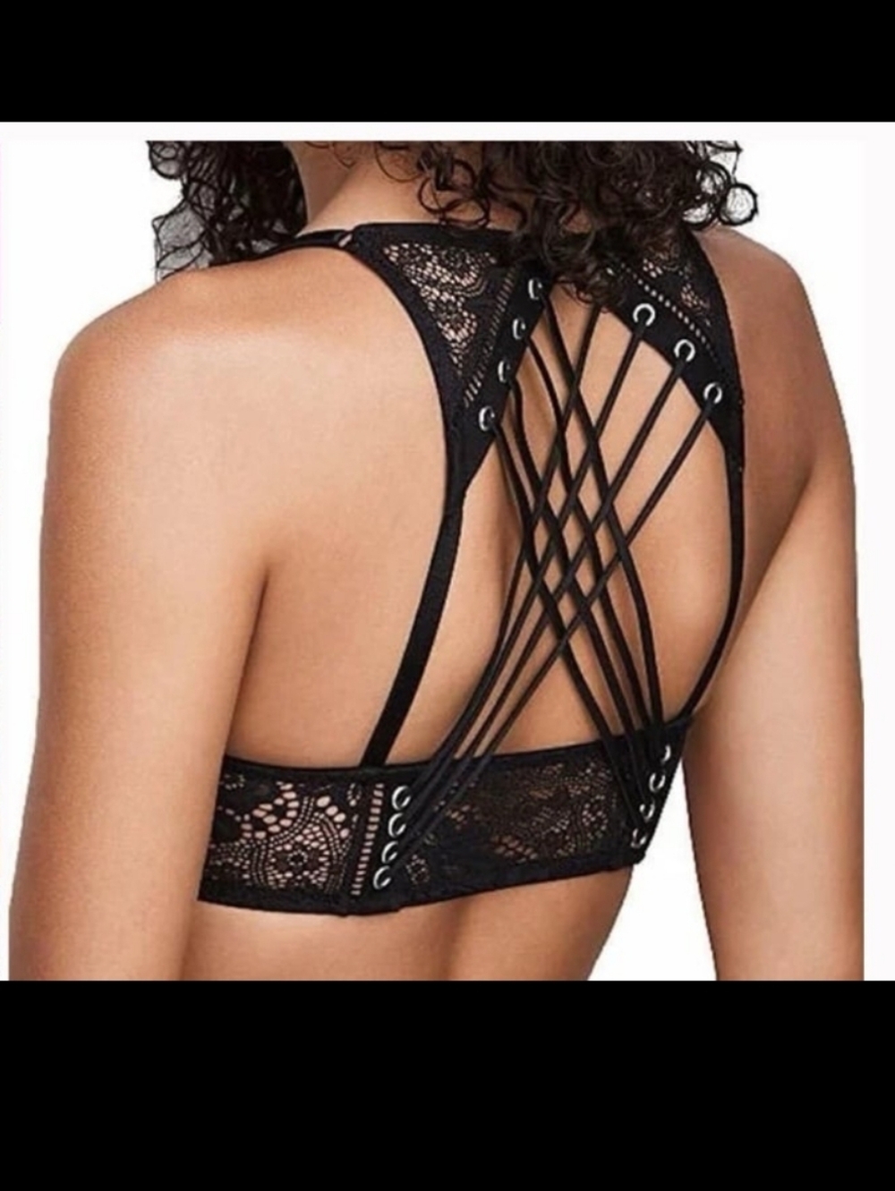 Victoria's Secret Black Lace Nude Overlay Front Close Push Up Bra Strappy 34DD
